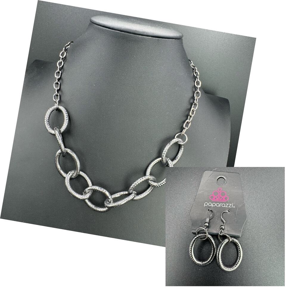 New Paparazzi Hoop Links Silver Tone Cable Chain Necklace Earring Jewelry Set